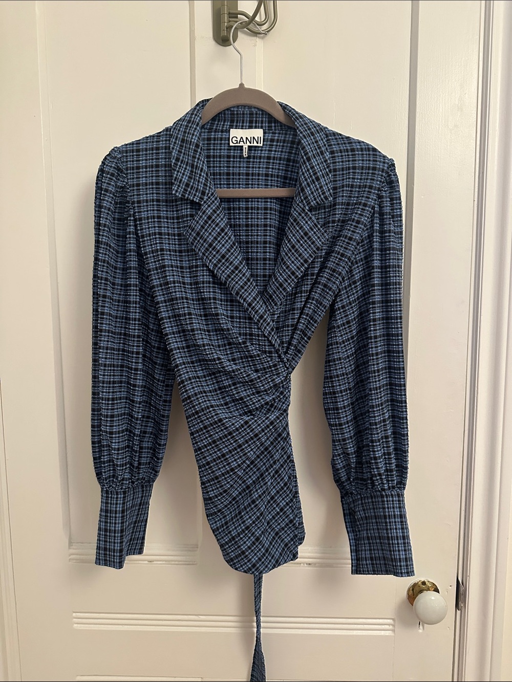 Ganni Blue Plaid Wrap Shirt with Tailored Collar